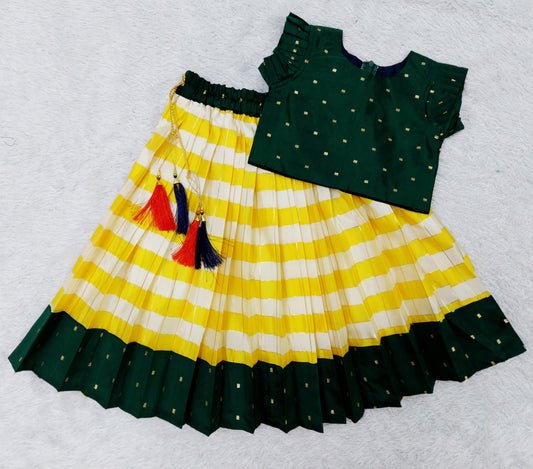 FELIZ COUTURE Baby Girl's South Indian Pattu Pavadai Yellow and Green Lehenga Choli for Kids