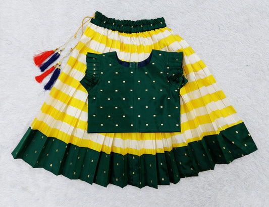 FELIZ COUTURE Baby Girl's South Indian Pattu Pavadai Yellow and Green Lehenga Choli for Kids