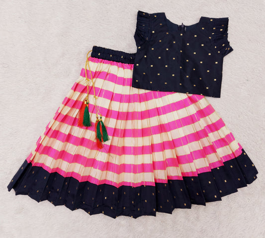 FELIZ COUTURE Baby Girl's South Indian Pattu Pavadai Pink and Blue Lehenga Choli for Kids
