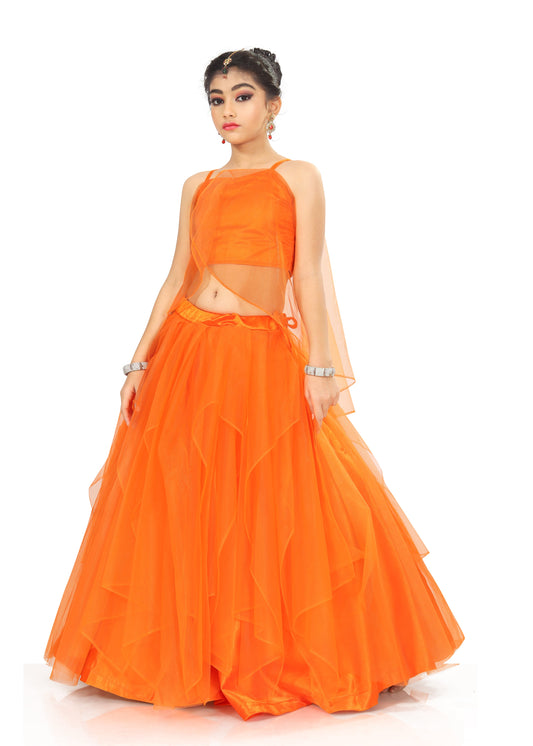 Girl's Orange Heavy Soft Net With Satin Lehenga Choli