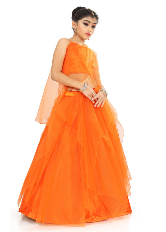 Girl's Orange Heavy Soft Net With Satin Lehenga Choli