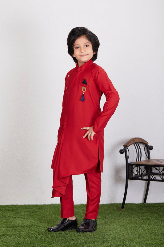 Boy's Red Cotton Blend  Kurta Trouser Set