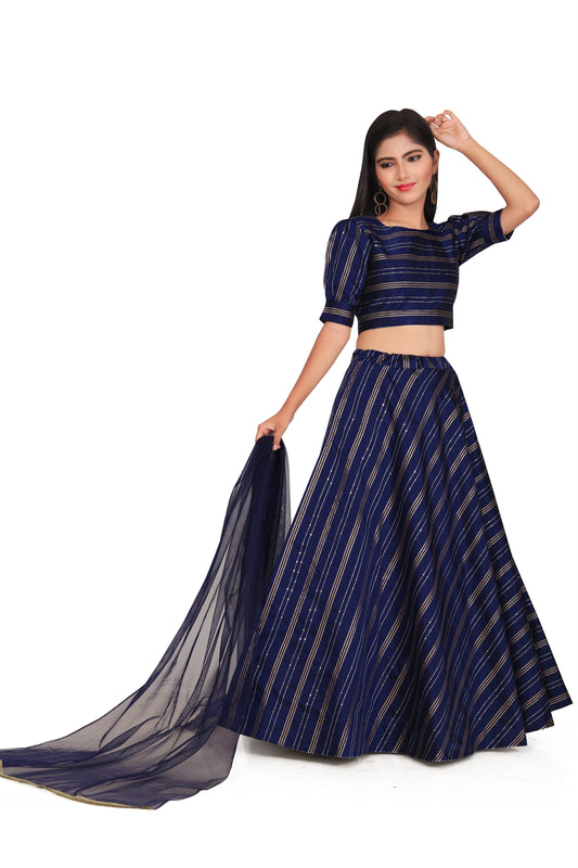 Girl's Traditional Readymade Blue Lehenga Choli With Dupatta Set For Kids