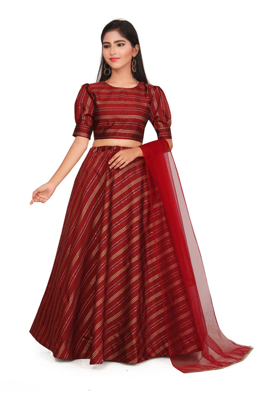 Girl's Traditional Readymade Red Lehenga Choli With Dupatta Set For Kids