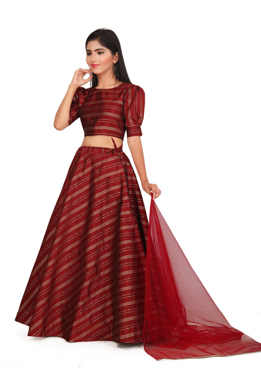 Girl's Traditional Readymade Red Lehenga Choli With Dupatta Set For Kids