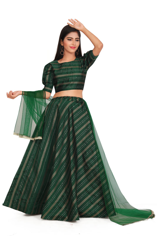 Girl's Traditional Readymade Green Lehenga Choli With Dupatta Set For Kids