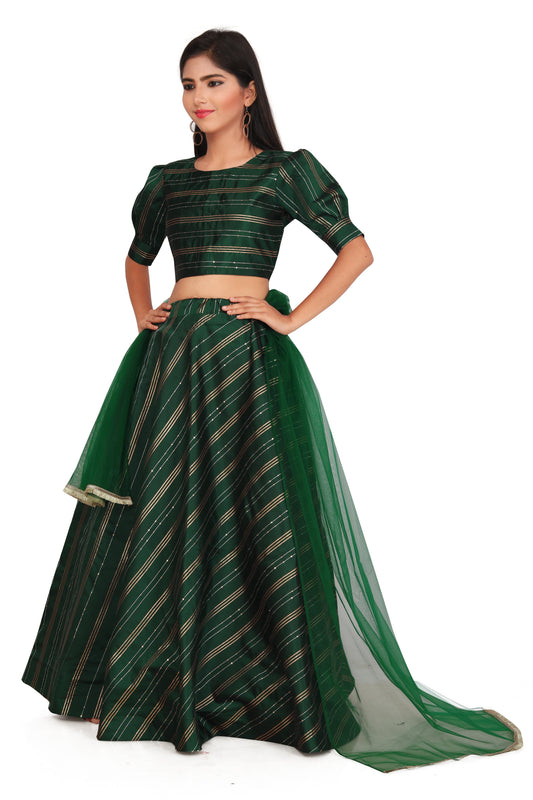 Girl's Traditional Readymade Green Lehenga Choli With Dupatta Set For Kids