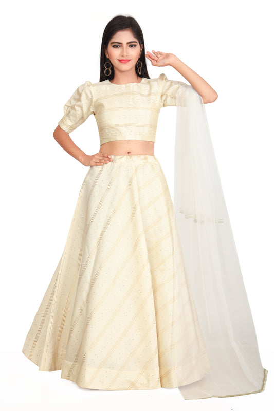 Girl's Traditional Readymade Cream Lehenga Choli With Dupatta Set For Kids