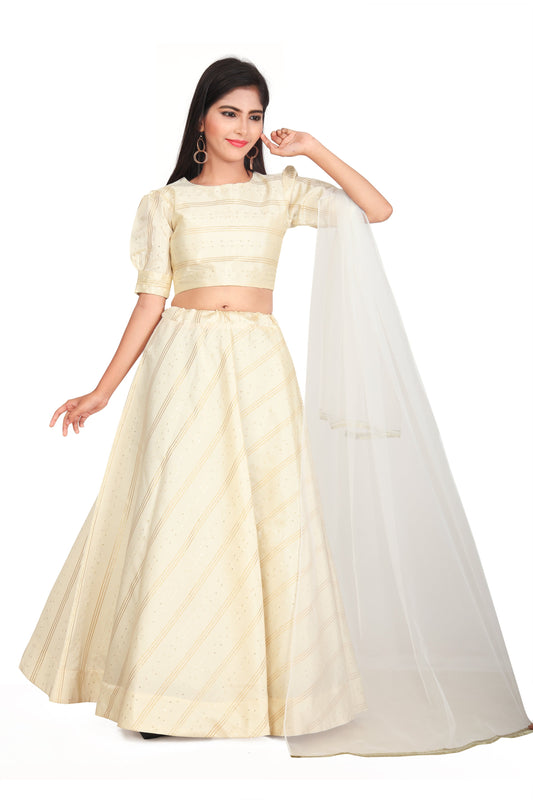 Girl's Traditional Readymade Cream Lehenga Choli With Dupatta Set For Kids