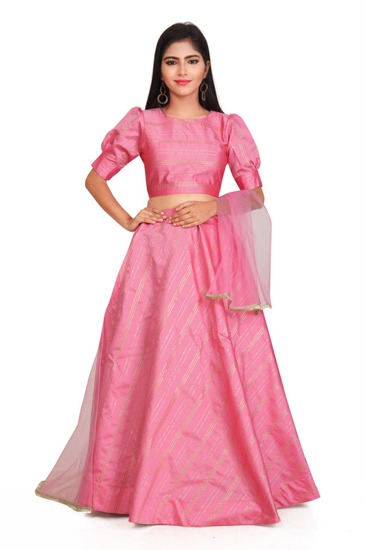 Girl's Traditional Readymade Pink Lehenga Choli With Dupatta Set For Kids