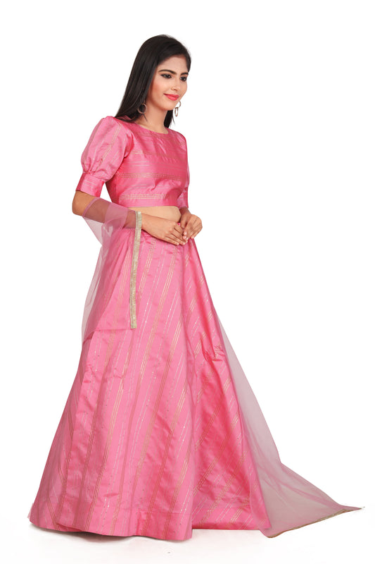 Girl's Traditional Readymade Pink Lehenga Choli With Dupatta Set For Kids