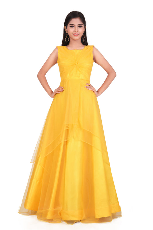 Girls Yellow Embellished Bow Net Gown Dress Kids