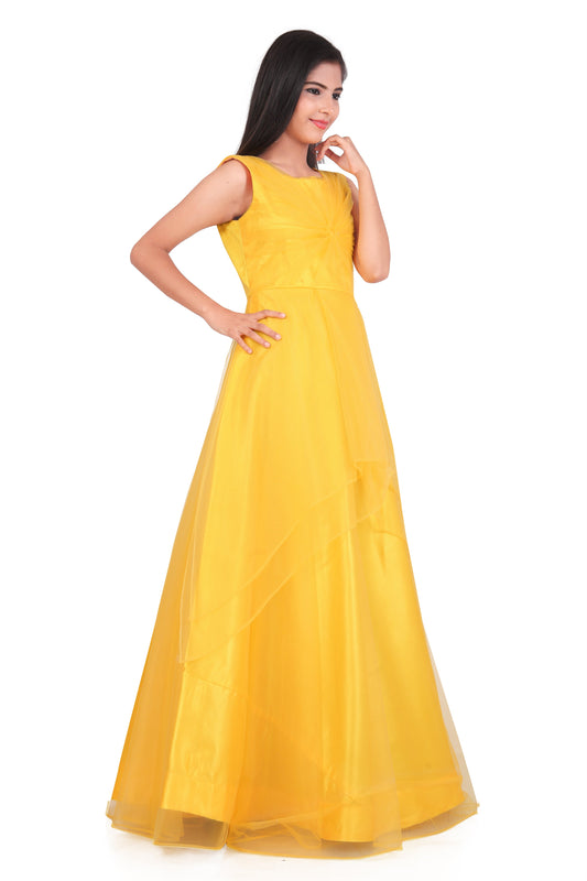 Girls Yellow Embellished Bow Net Gown Dress Kids